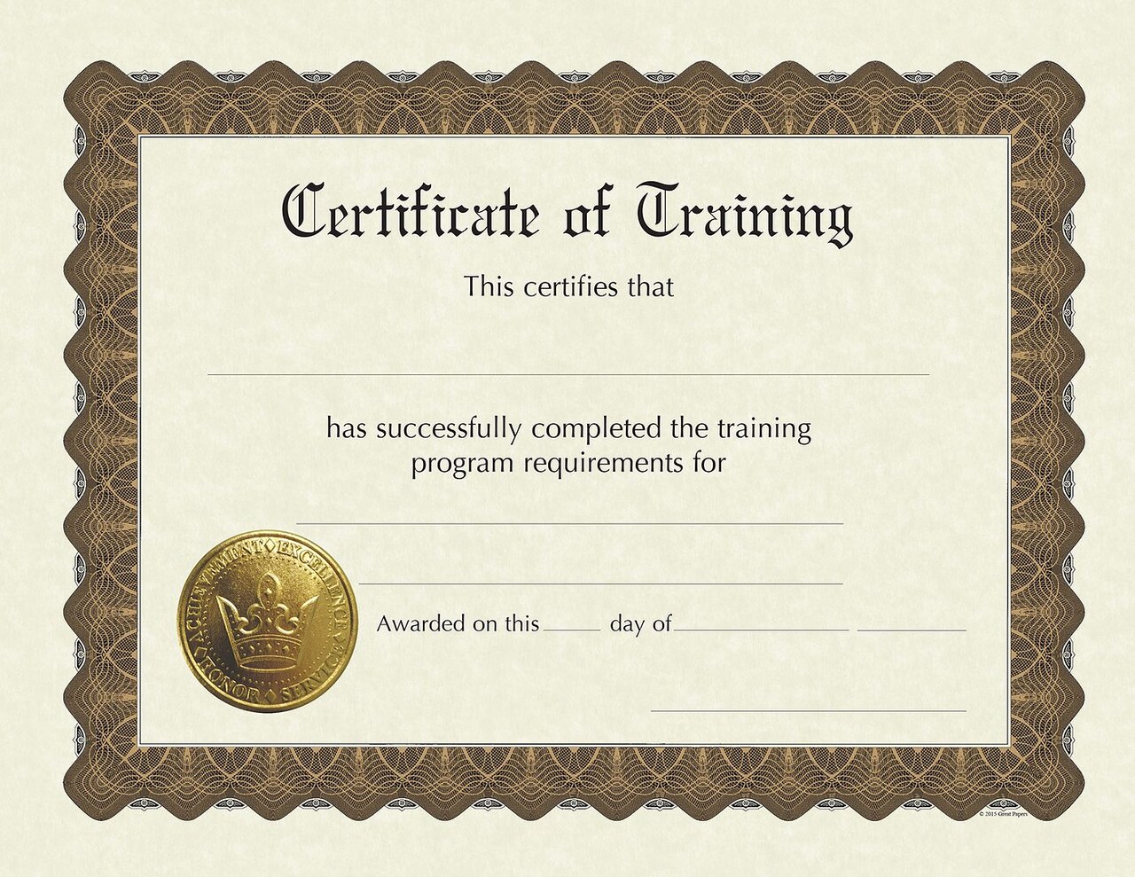 Great Papers! Parchment Stock Fill-In Certificates with Metallic Border, Training, 8.5" x 11", Not Printer Compatible, 6 Count